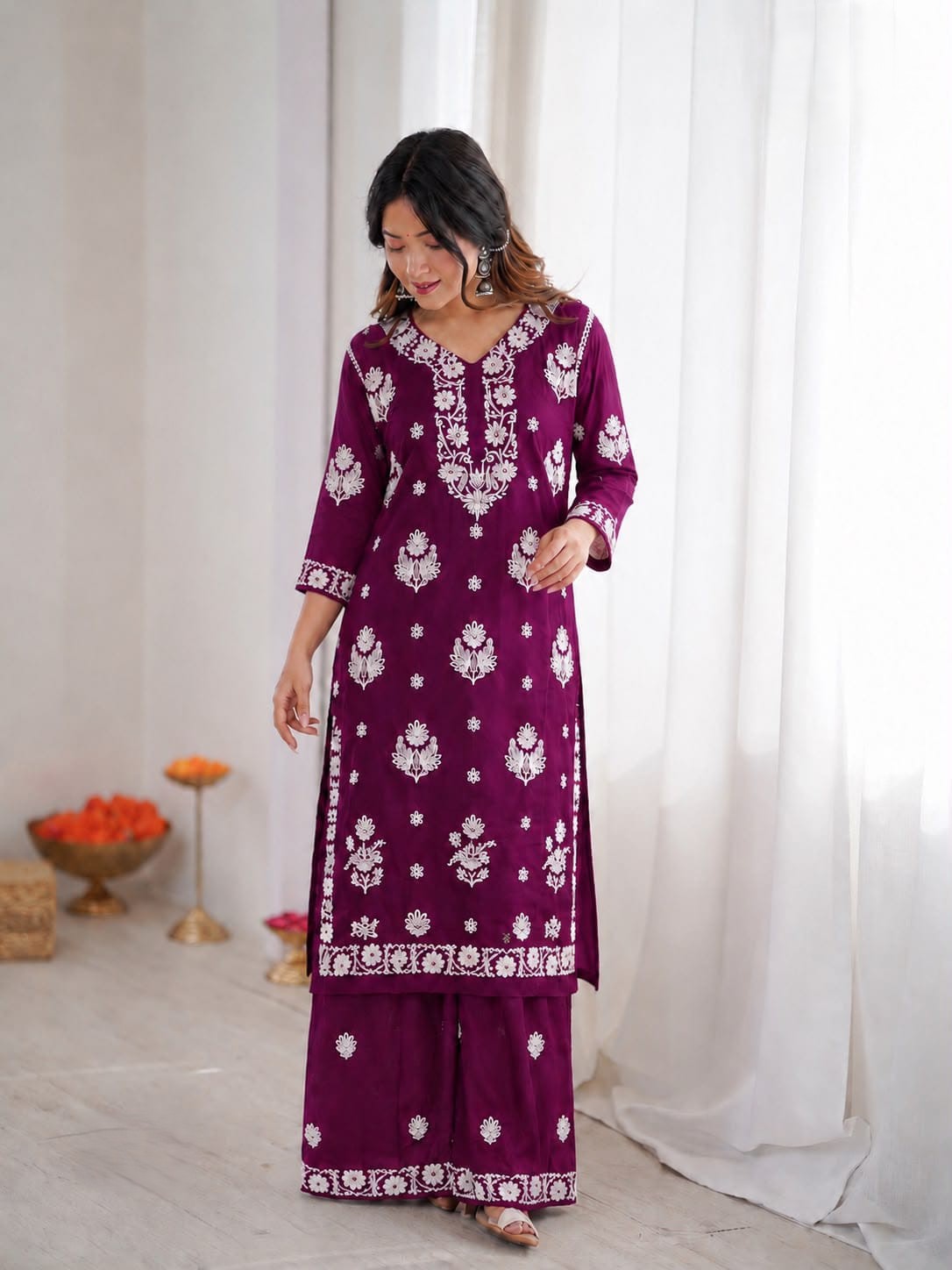 Trending Heavy Chikankari Rayon Kurti With Plazzo Set